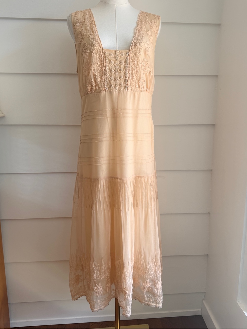 Odille Peach Lace Crystal Accent Midi Dress Anthropologie Bridal Edwardian Slip